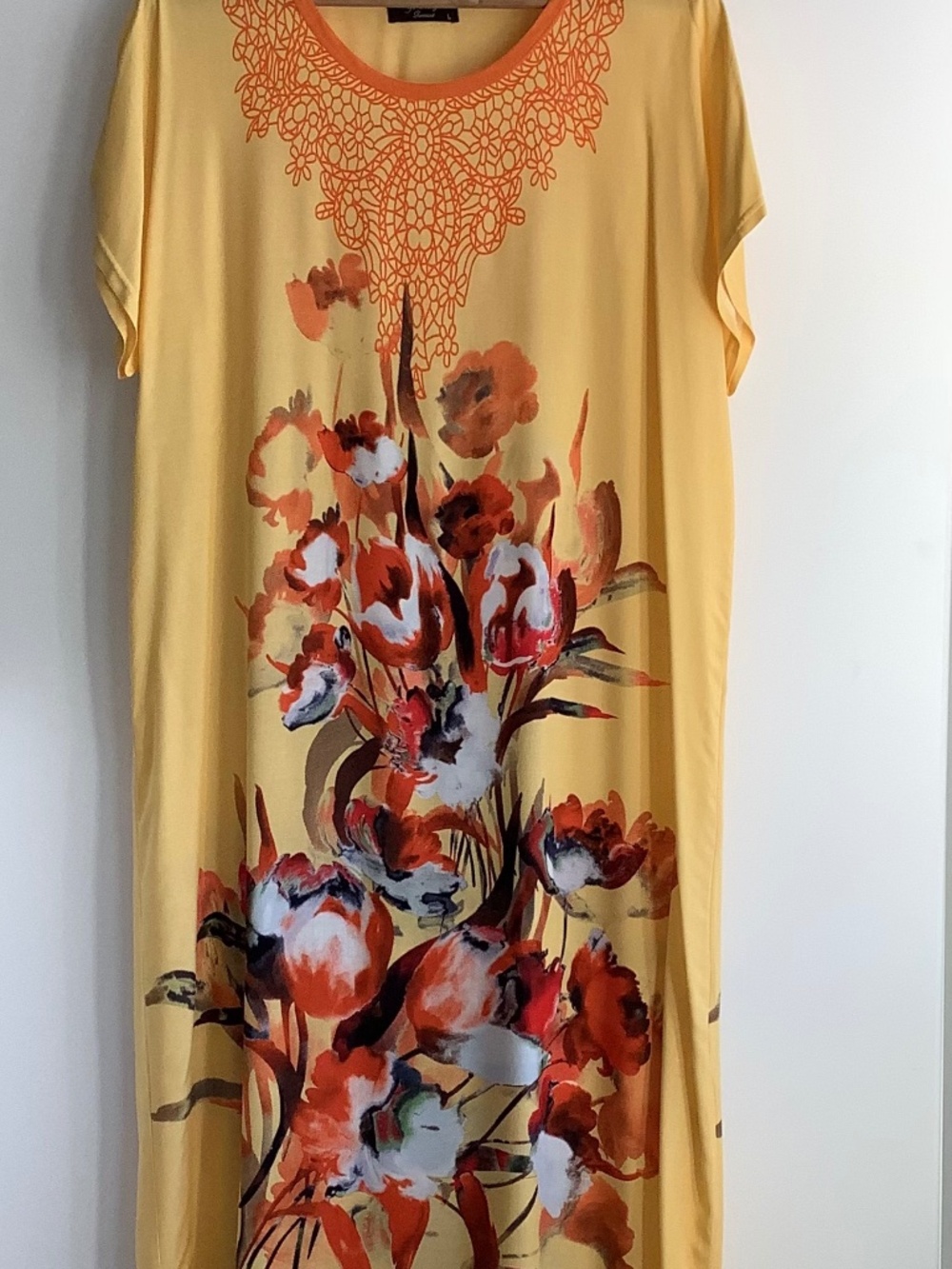 Yu Kang Garment, Yellow with floral print, Maxi Dress, size L.